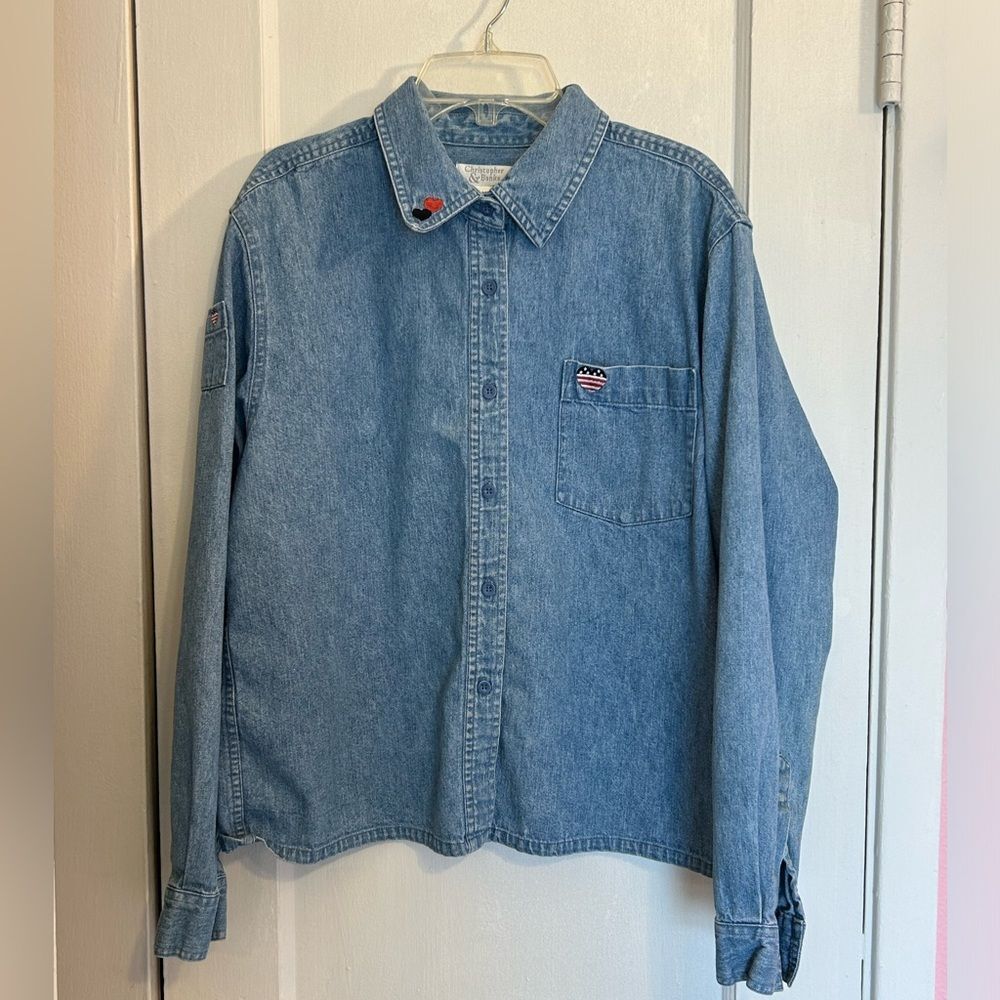 Christopher and Banks Vintage Lghtwt Blue Denim Patriotic Embelished MedJacket